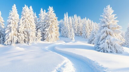 Obraz premium Beautiful winter forest covered in fresh snow under clear blue sky with peaceful snowy trail leading through pine trees