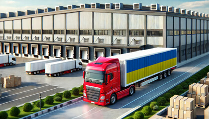 Naklejka premium Red semi-truck with Ukraine flag trailer at a large logistics warehouse. Ideal for illustrating freight transport, trucking, shipping, and supply chain operations