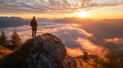 Breathtaking Sunset Hike: Silhouette of a Lone Adventurer Overlooking a Sea of Clouds