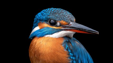 Fototapeta premium Close-up portrait of a vibrant kingfisher bird with blue and orange feathers against a black background
