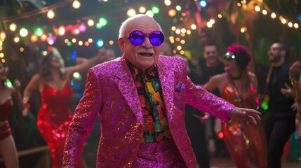 Elderly man dancing at a party in a sparkling pink suit and vibrant sunglasses, joyful and lively