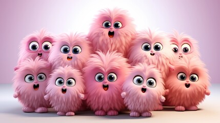 Fototapeta premium collection of Pink colorful furry and cute monster dancing and waving 3D render character cartoon style Isolated on transparent background