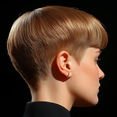 Fototapeta premium Side view of a woman with short, sleek blonde hair, perfect for fashion, beauty and hair salon advertising