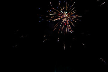 Fototapeta premium Firework. Colorful festive fireworks, standing out against the black sky. A shot of a bright fireworks explosion. Explosion. Firework. An overlay. new year. christmas, independence day, birthday, holi