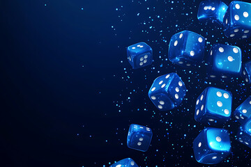 A dynamic arrangement of blue dice floating against a dark background, suggesting chance and gaming.
