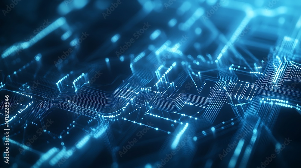 Poster Abstract digital circuit board with glowing blue lines, representing data flow and connection.