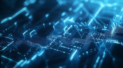 Obraz premium Abstract digital circuit board with glowing blue lines, representing data flow and connection.