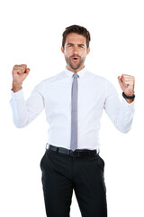 Studio, portrait and businessman with fist pump for success, winning and achievement for sales target. Career, male person and excited with hands gesture for victory, promotion and white background
