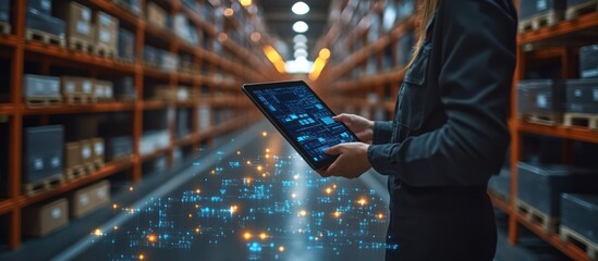 A worker in a warehouse uses a tablet to manage inventory and di