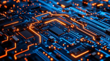 Obraz premium Futuristic Circuit Board With Glowing Orange Lines, Modern Technology And Data Processing Concept