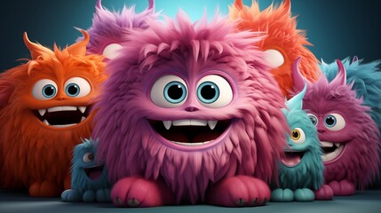 Colorful furry and cute monster dancing and waving 3D render character cartoon style Isolated on...