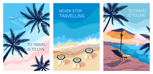 Vintage poster. Plane travel, retro summer holiday time. Air sticker for airline trip, aircraft sky banner. Sandy sea beach with palm trees. Tropical resort background. Vector illustration