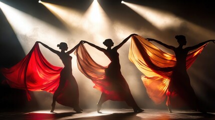 Silhouetted dancers performing in dramatic spotlight with flowing fabric and ethereal light beams