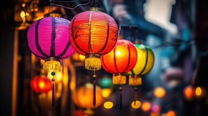 Colorful Chinese lanterns hang in a row, illuminating a street with warm, festive light.
