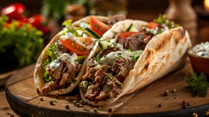 Two Greek Gyros with Meat, Tomatoes, Cucumber, and Tzatziki Sauce