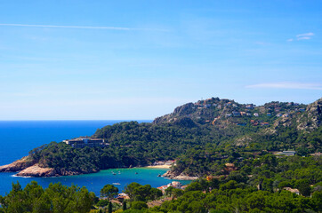 Obraz premium view from the Mirador de Fornells I Aiguablava towards the Mediterranean Sea, the hills around Begur and the beach of Aiguablava, Catalonia, Costa Brava, Girona, Spain