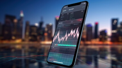 A smartphone glows with vivid charts against a blurred city backdrop, highlighting advancements in digital finance and connectivity.