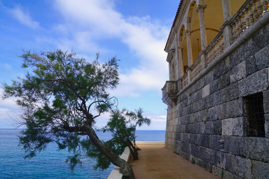 Loggia de Senya Blanca at the famous Cam&iacute; de Ronda hiking trail along the coast of the Mediterranean Sea at S'Agar&oacute;, Platja d'Aro, GIrona, Costa Brava, Catalonia, Spain
