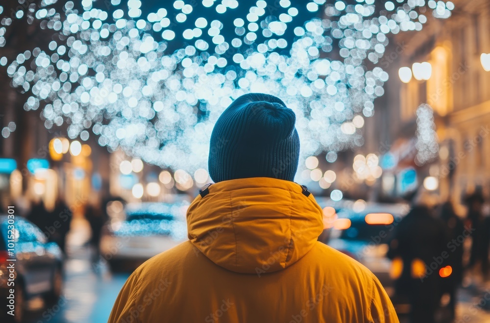 Wall mural a person stands in a yellow jacket and blue beanie, admiring the vibrant holiday lights amidst a liv