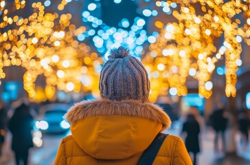 Obraz premium Wearing a cozy yellow coat and a knit hat, an individual enjoys a vibrant street adorned with glowing lights during the winter season