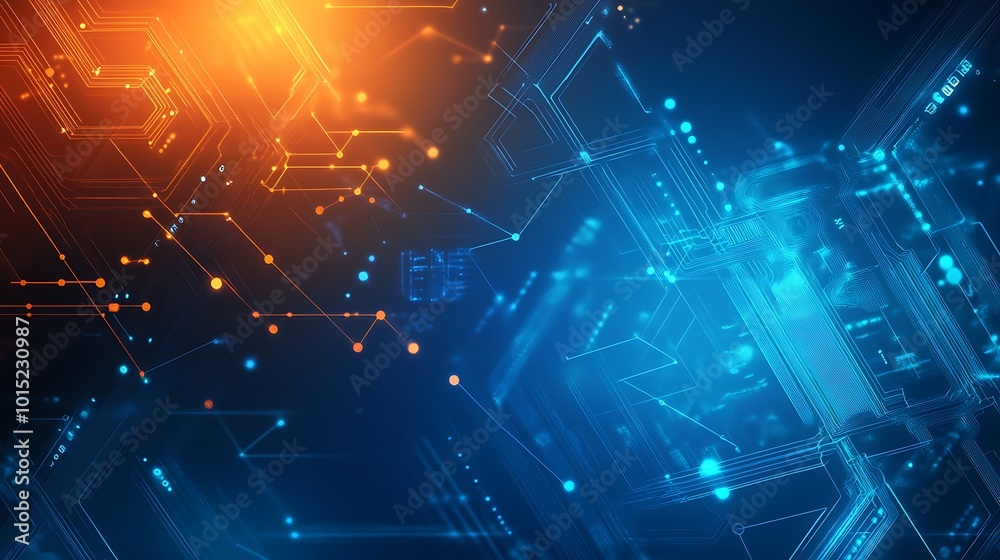 Poster abstract digital background with glowing lines and dots in blue and orange colors.