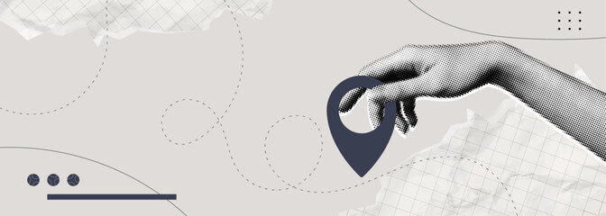 Trendy Halftone Collage Hand holding location pin. Contemporary art with position element. Delivery route. Travel way and find trip. GPS point navigation. Transport logistic. Vector illustration