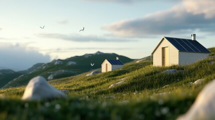 Scenic hillside with solar-powered cabins at sunset