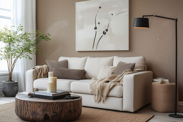 Cozy Living Room with Modern Sofa and Abstract Art in Neutral Tones