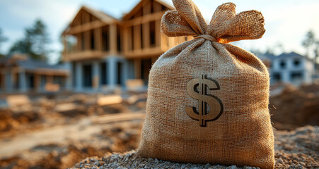 A bag of money is sitting on the ground in front of a house. The bag is brown and has a dollar sign on it. The scene gives off a feeling of wealth and prosperity