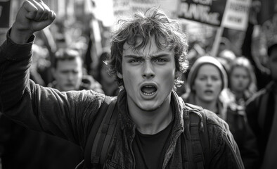 Obraz premium A man is standing in a crowd of people, holding his fist up in the air. Concept of protest and defiance, as the man is raising his fist in the air while surrounded by others who are also protesting