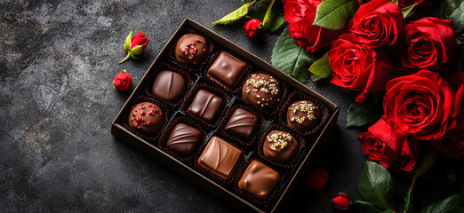 A box of chocolates sits on a table next to a bouquet of red roses. The chocolates are arranged in a way that they look like they are ready to be eaten. The roses add a romantic touch to the scene
