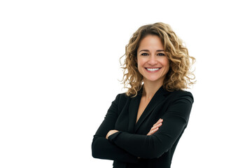 Business woman portrait isolated on white transparent background, Afro businesswoman in suit, crossed arms, PNG