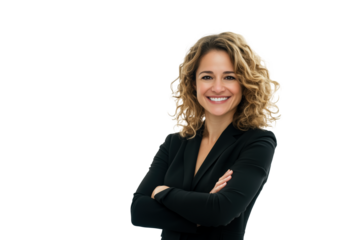 Business woman portrait isolated on white transparent background, Afro businesswoman in suit, crossed arms, PNG