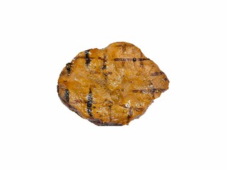 Black paper pork steak isolated on white background. Grilled pork meat