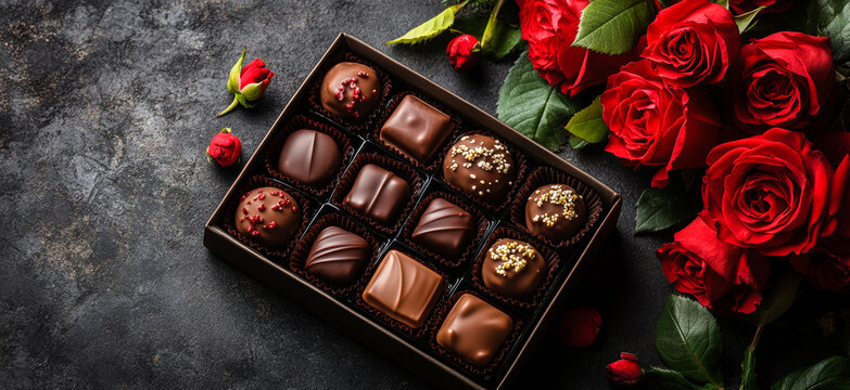 A box of chocolates sits on a table next to a bouquet of red roses. The chocolates are arranged in a way that they look like they are ready to be eaten. The roses add a romantic touch to the scene