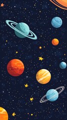 Fototapeta premium A colorful illustration of planets and stars in a dark blue space.
