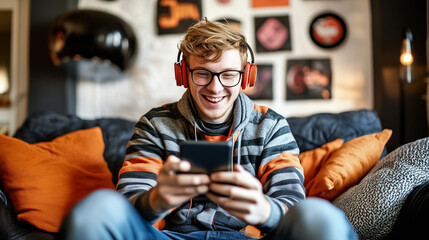 Fototapeta premium Man Excited About Winning Prize on Phone in Living Room