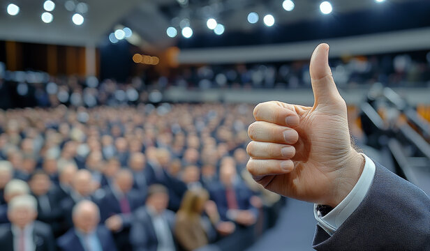 A man is giving a thumbs up in a large crowd. Concept of approval and positivity, as the man's gesture is universally recognized as a sign of approval