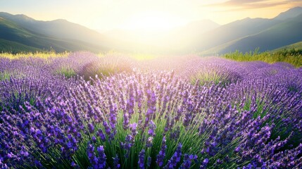 Obraz premium A field of lavender flowers bathed in the warm glow of the setting sun, with mountains in the distance.