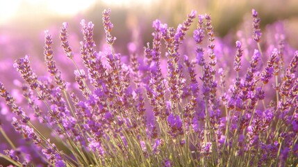 A field of lavender flowers bathed in warm sunlight.