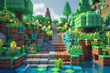 Obraz premium Voxel-style landscape with trees and rivers, reminiscent of a digital or video game world.