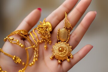Female hand holds gold chain with pendant, earring. Round pendant with small flower, intricate earring design. Blurred background, focus on gold jewelry. Gold chain, earring details visible. Gold