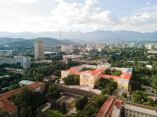 Buildings of the Academy of Sciences of the Republic of Kazakhstan. An old historical building in the city center. Aerial video shooting of an old building.