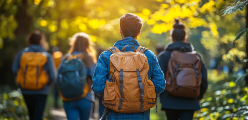 Fototapeta premium A group of people are walking through a forest, each carrying a backpack. Scene is peaceful and serene, as the group of people seem to be enjoying their time in nature