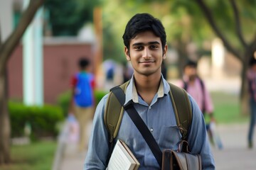 Young Indian male student walks on campus with backpack and book. He wears blue shirt and looks confident. Surrounded by trees and buildings, he is in a state of focused learning.
