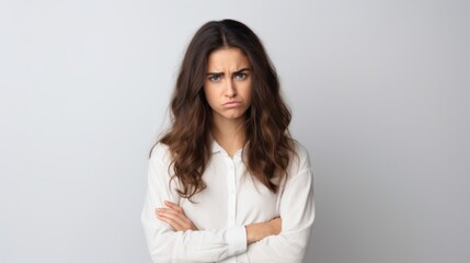 A young woman in a white blouse crosses her arms and eyes the viewer with a displeased and doubtful expression against a neutral background.