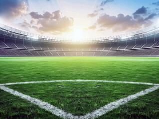 Fototapeta premium Soccer stadium with green grass and bright sunlight. 3D Rendering