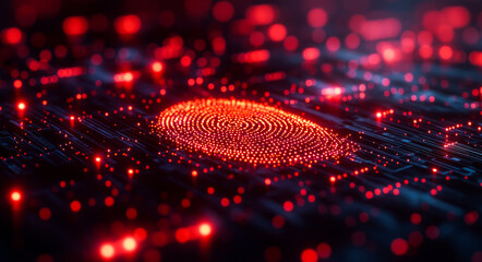 A red fingerprint is shown on a black background. The image has a futuristic and technological feel to it, with the red fingerprint standing out against the dark background. The use of bright red