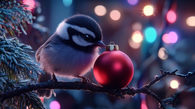 A tiny baby chickadee perched on a Christmas tree branch, pecking at a red ornament while colorful lights twinkle all around.