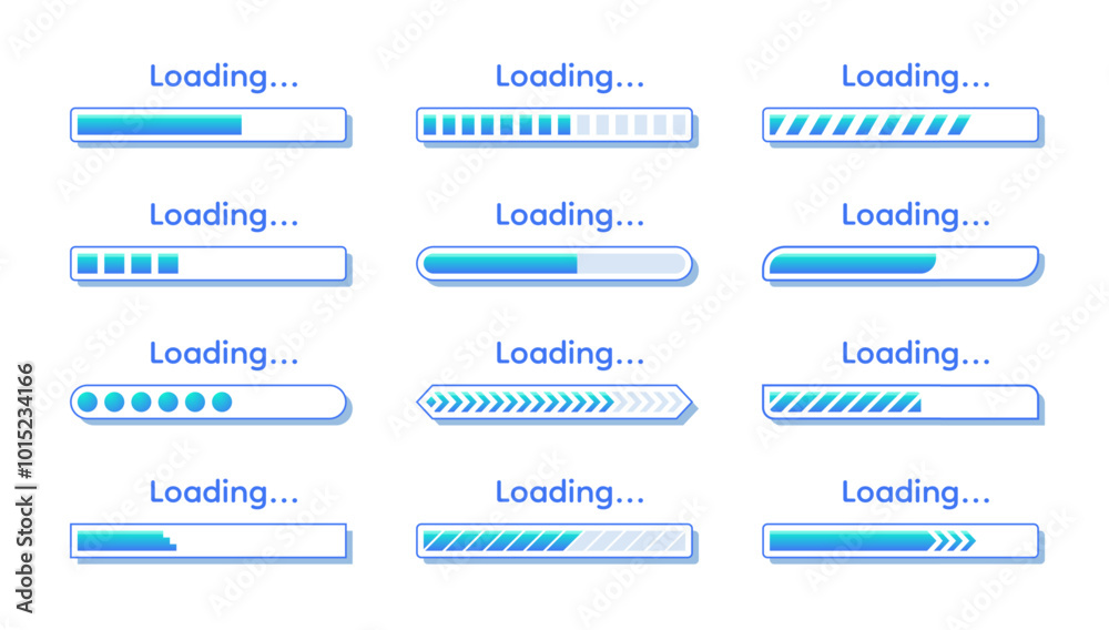 Poster Load bar. Time progress. Download or upload speed graphic. Website status graph. Status step page. Interface indicator. Wait infographic. Battery level chart. Vector process icons set